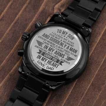 To My Son | I Will Always Carry You In My Heart | Engraved Black Chronograph Watch | Best Christmas Gift Ideas