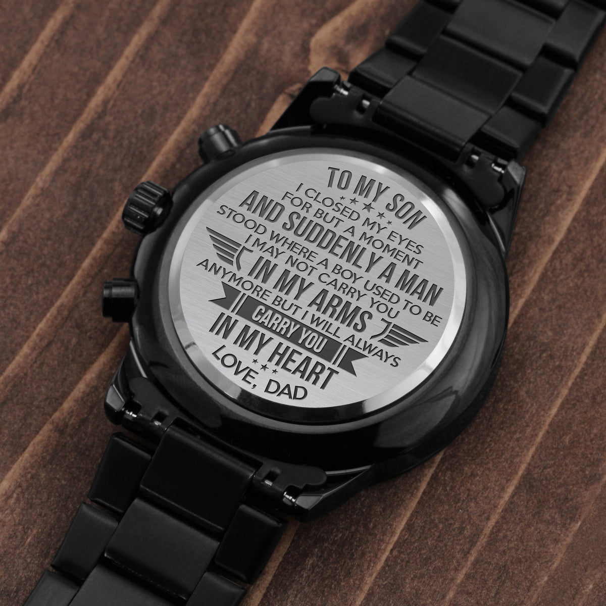 To My Son | I Will Always Carry You In My Heart | Engraved Black Chronograph Watch | Best Christmas Gift Ideas