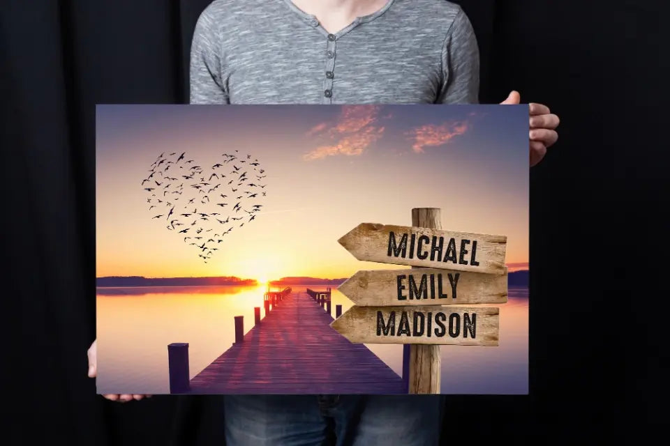 Personalized Canvas Wall Art, Riverside Wooden Bridge, Custom Gift For Family, Canvas With Names