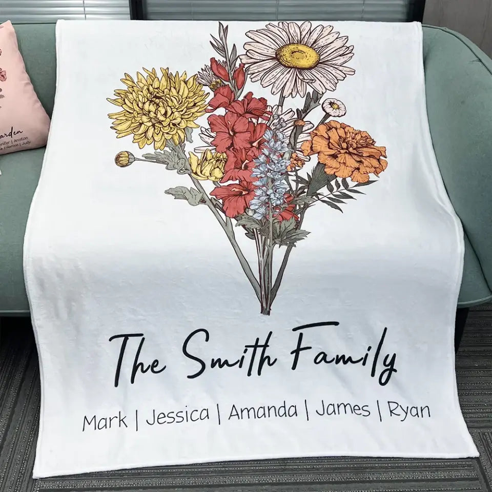 Customized Blanket, Birth Flower Family Bouquet, Christmas Gift For Mom or Grandma