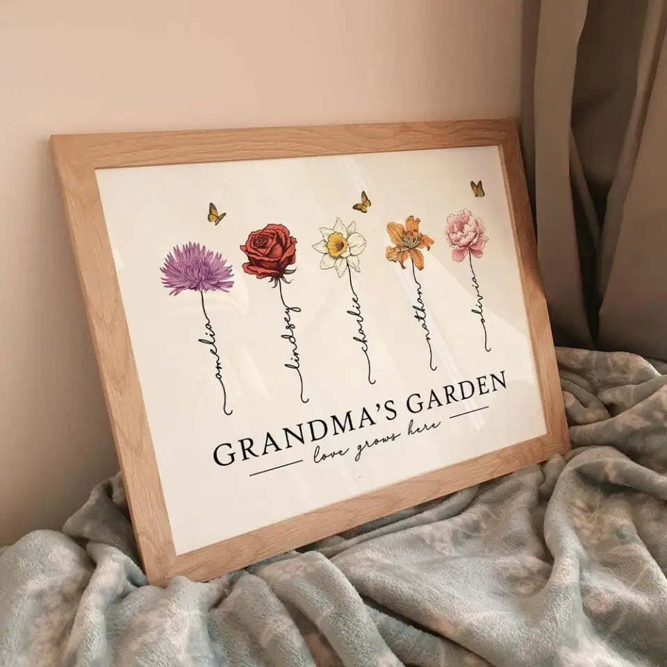 Grandma‘s Garden Love Grows Here Beautiful Birth Month Flower Gift For Grandma Mom Personalized Poster