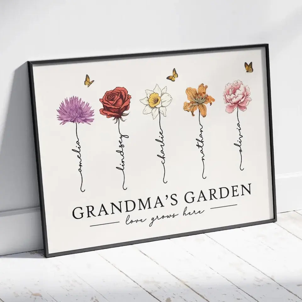 Grandma‘s Garden Love Grows Here Beautiful Birth Month Flower Gift For Grandma Mom Personalized Poster