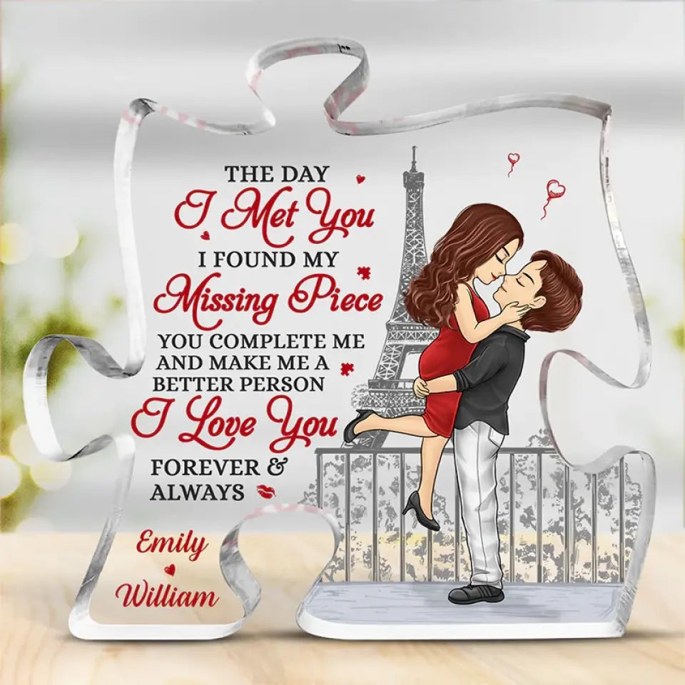The Day I Met You - Couple Personalized Custom Puzzle Shaped Acrylic Plaque - Gift For Husband Wife, Anniversary