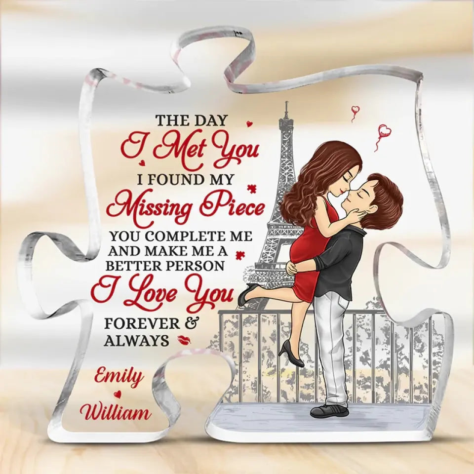 The Day I Met You - Couple Personalized Custom Puzzle Shaped Acrylic Plaque - Gift For Husband Wife, Anniversary