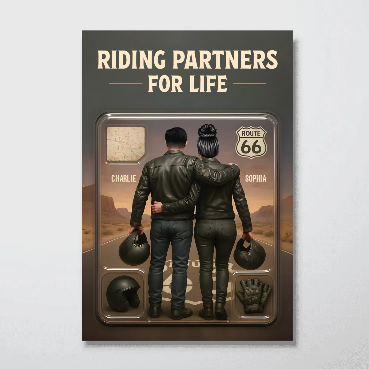 3D Effect Custom Figure Couple Bikers Riding Partners For Life Personalized Poster | Heartfelt Gift For Bikers