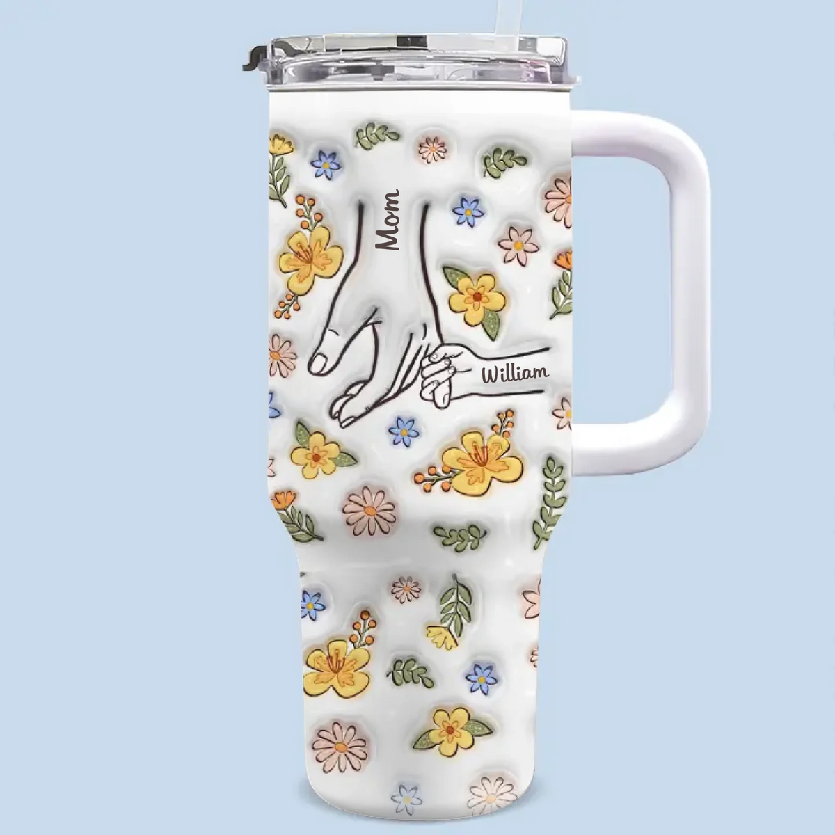 We Are Born Of Love, Love Is Our Mum - Family Personalized Custom 3D Inflated Effect Printed 40 Oz Stainless Steel Tumbler With Handle - Mother's Day, Gift For Mom, Grandma