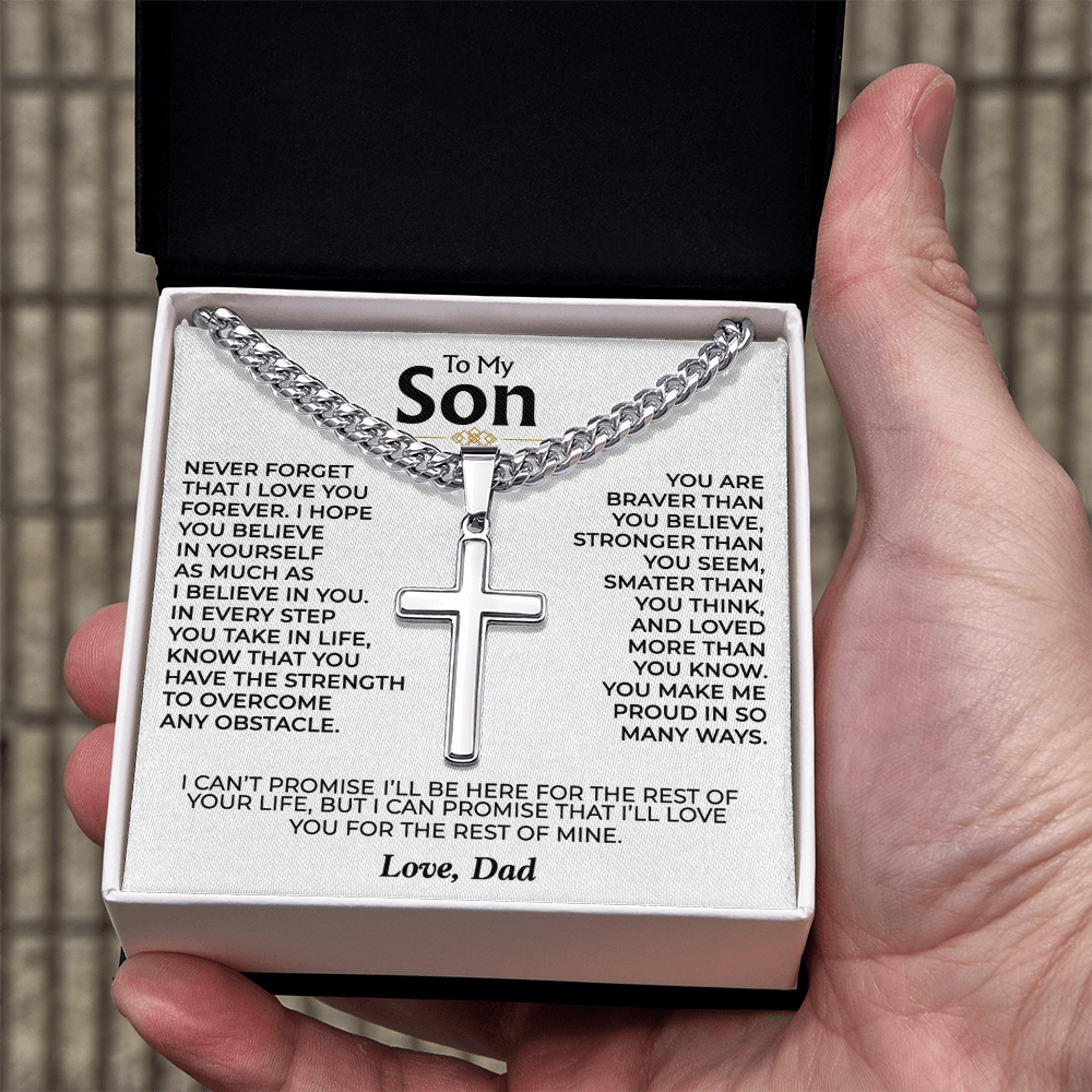 To My Son - Love Dad - Artisan Cross on Cuban Link Chain - Gift Set