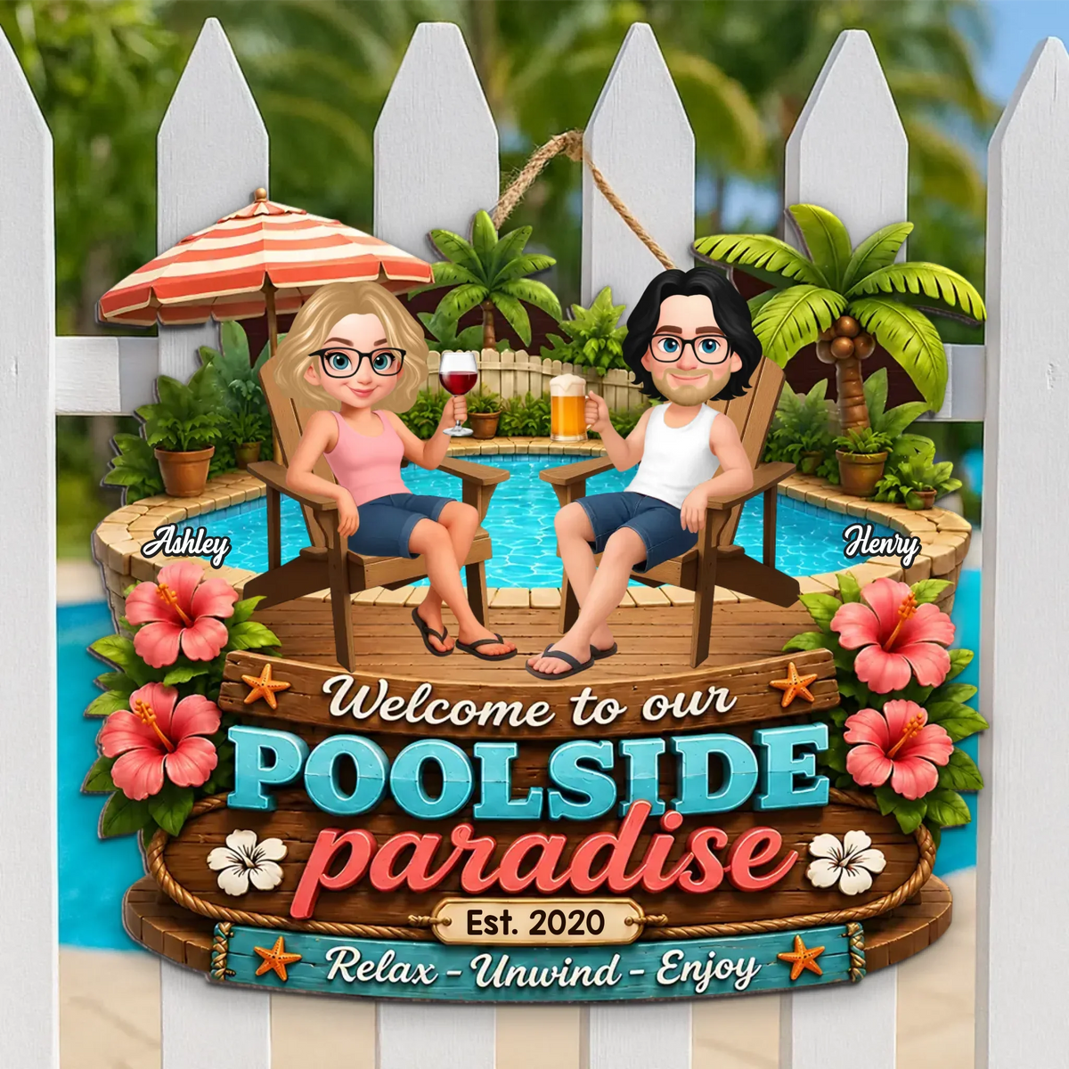 Summer Vibe Welcome To Our Poolside Paradise - Personalized Wood Sign - Gift For Couple, Summer Porch, Patio, Bar Decoratio