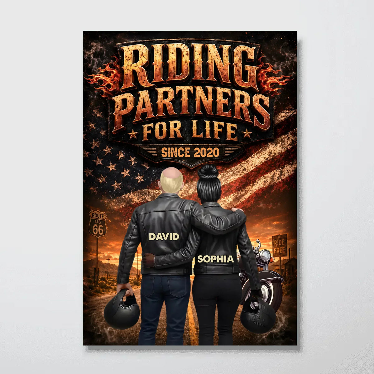 Bikers Couple Riding Partners for Life Nation Flag - Personalized Poster - Heartfelt Gift for Him, for Her