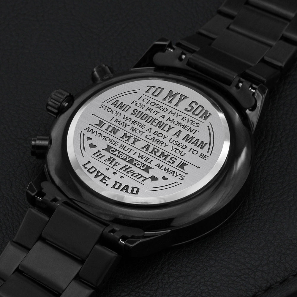 Son In My Heart, Engraved Black Chronograph Watch, Christmas Gift Idea for Son from Dad