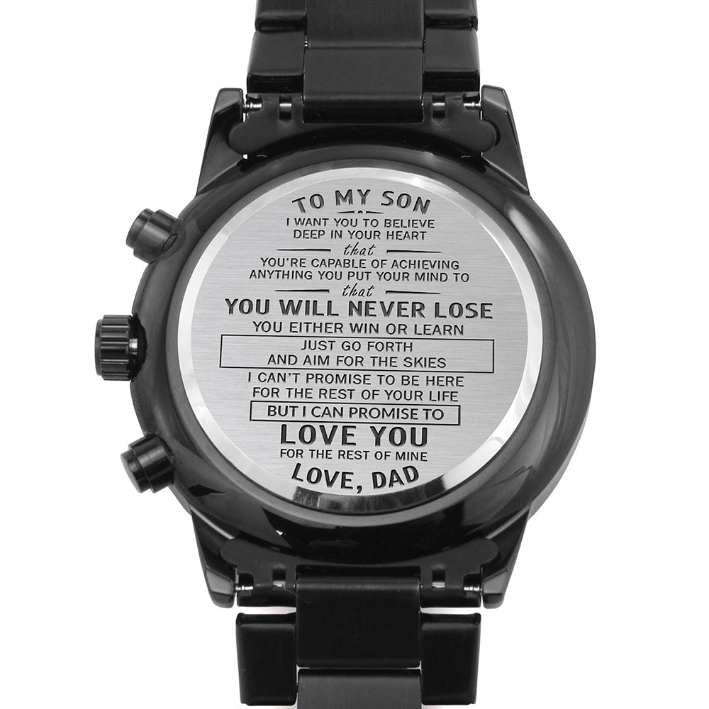 Son Aim For The Skies, Engraved Design Black Chronograph Watch, Gift for Son from Dad