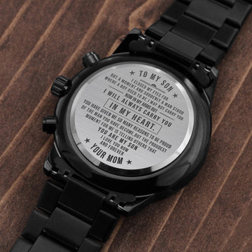 Son Proud Of The Man, Engraved Design Black Watch, Gift Idea for Son from Mom