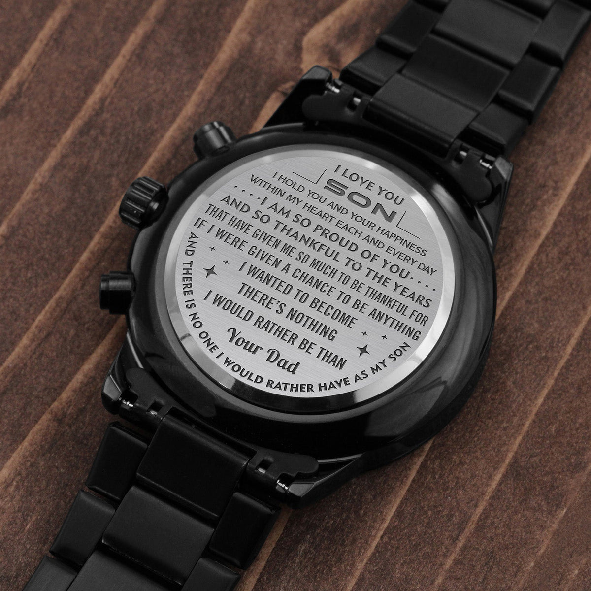 Son Your Happiness, Engraved Design Black Chronograph Watch, Gift for Son from Dad, Christmas Gift Idea