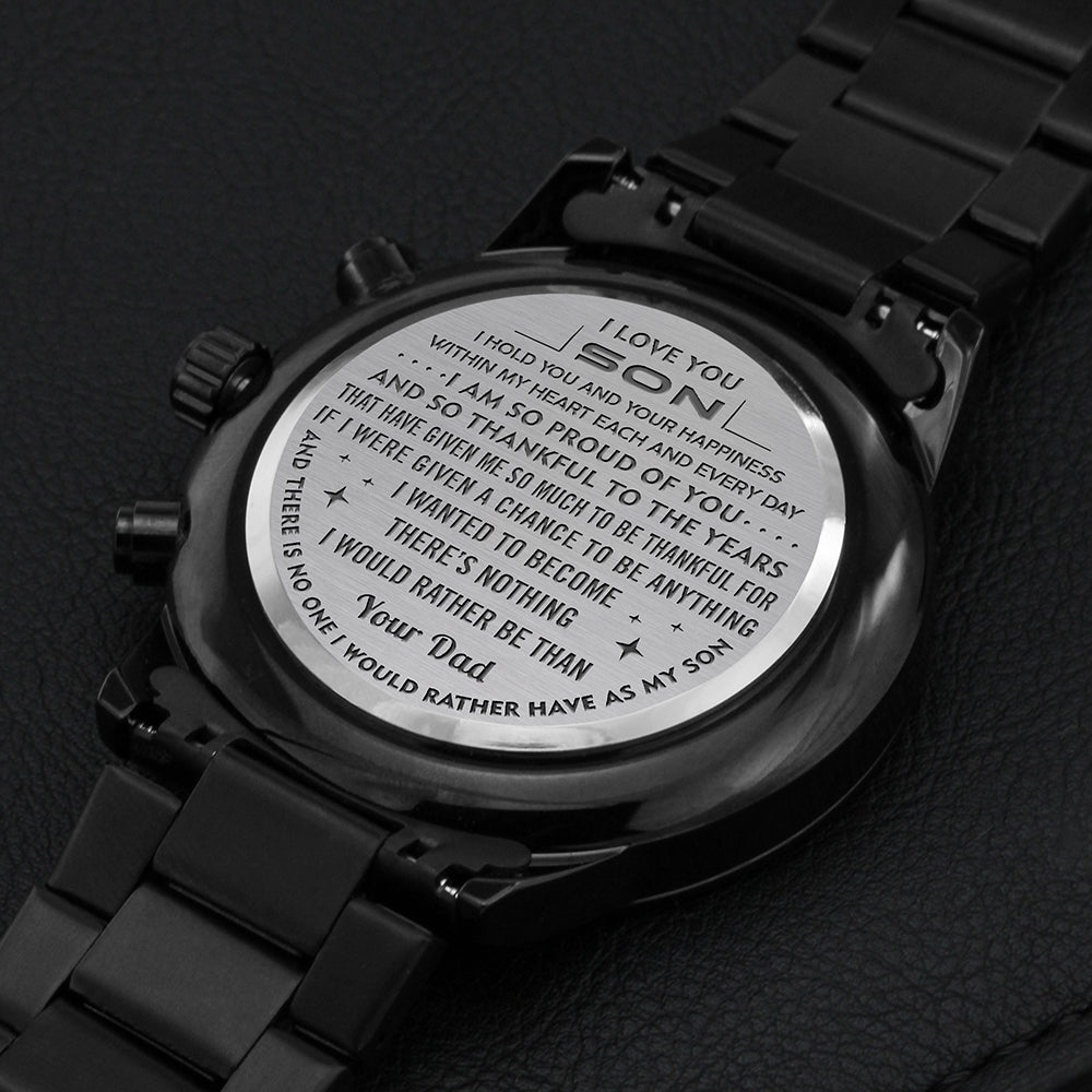 Son Your Happiness, Engraved Design Black Chronograph Watch, Gift for Son from Dad, Christmas Gift Idea