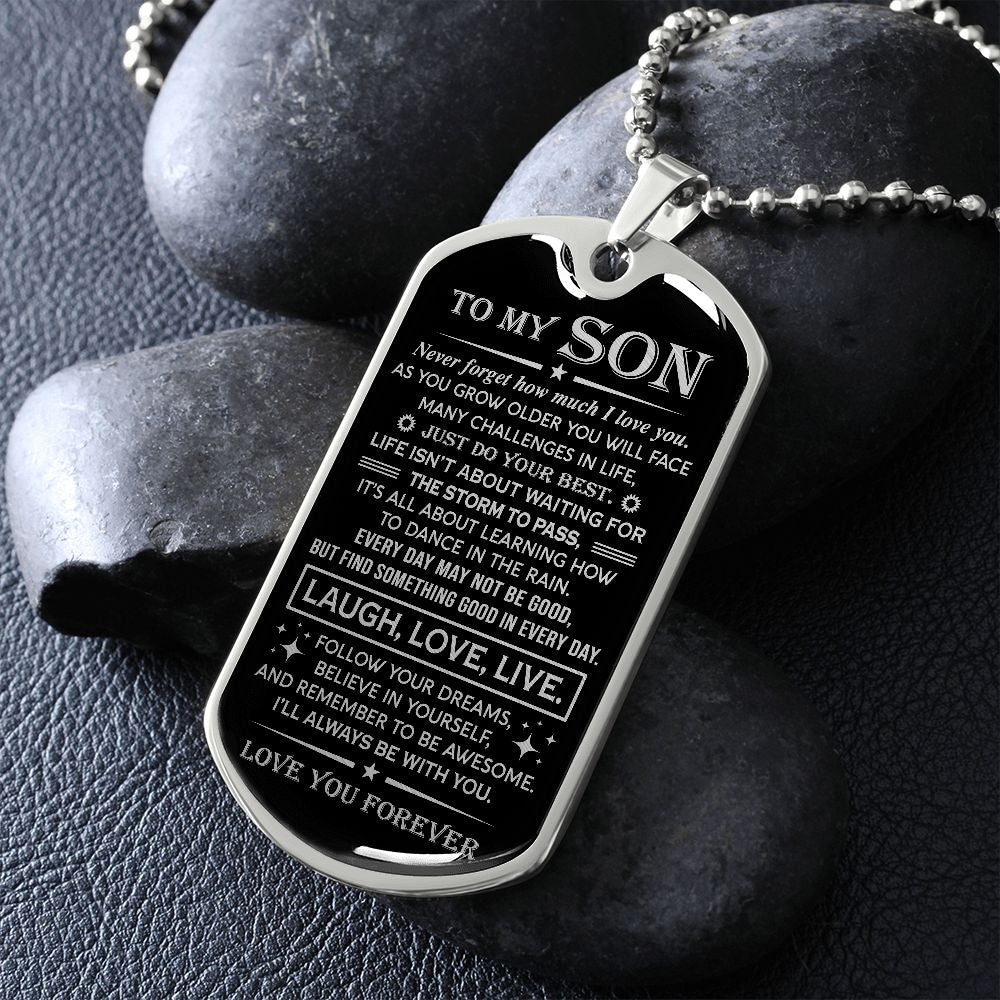 To My Son Dog Tag Necklace | Laugh Love Live | Gift for Son from Parents