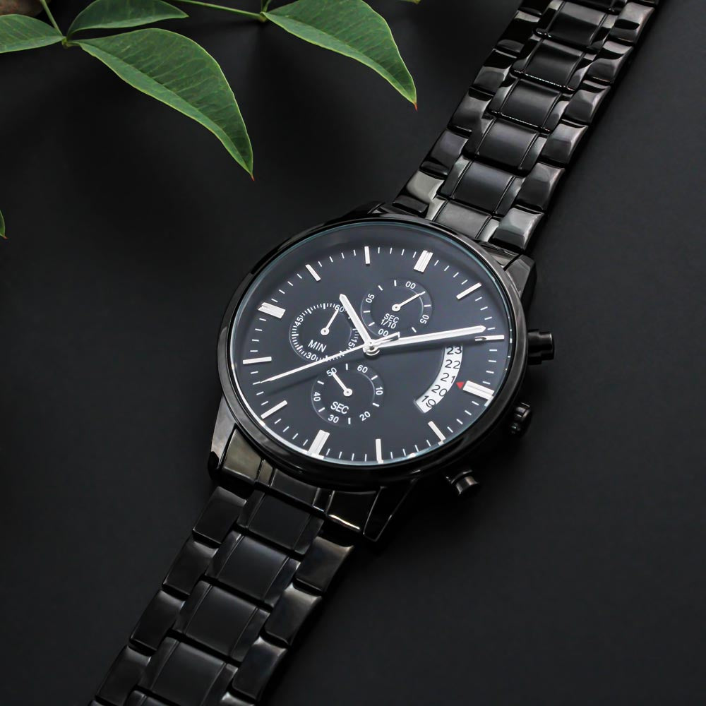 Son Aim For The Skies, Engraved Design Black Chronograph Watch, Gift for Son from Dad
