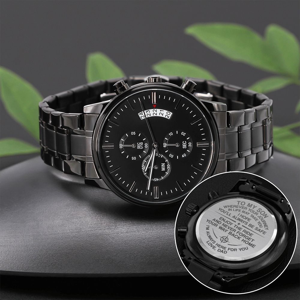 Son Journey In Life, Engraved Black Chronograph Watch, Gift for Son from Dad