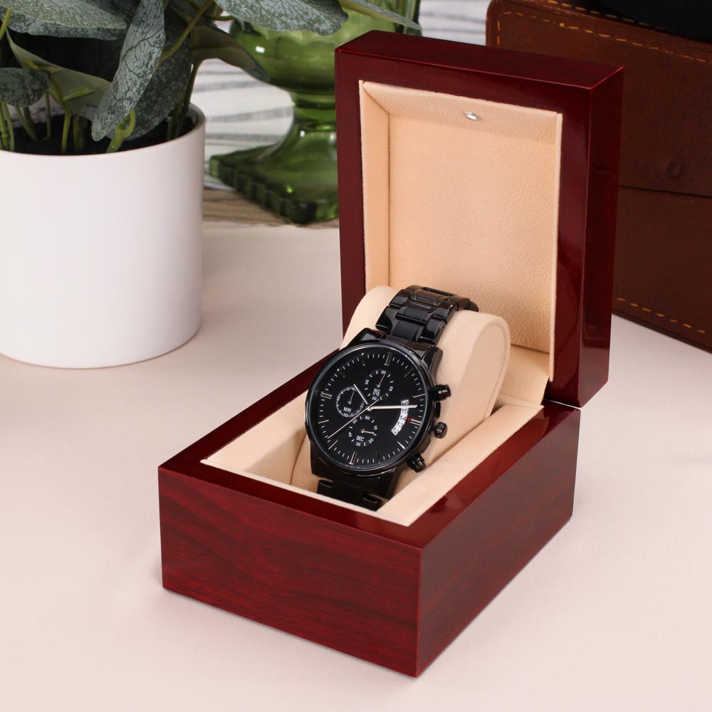 Son Proud Of The Man, Engraved Design Black Watch, Gift Idea for Son from Mom