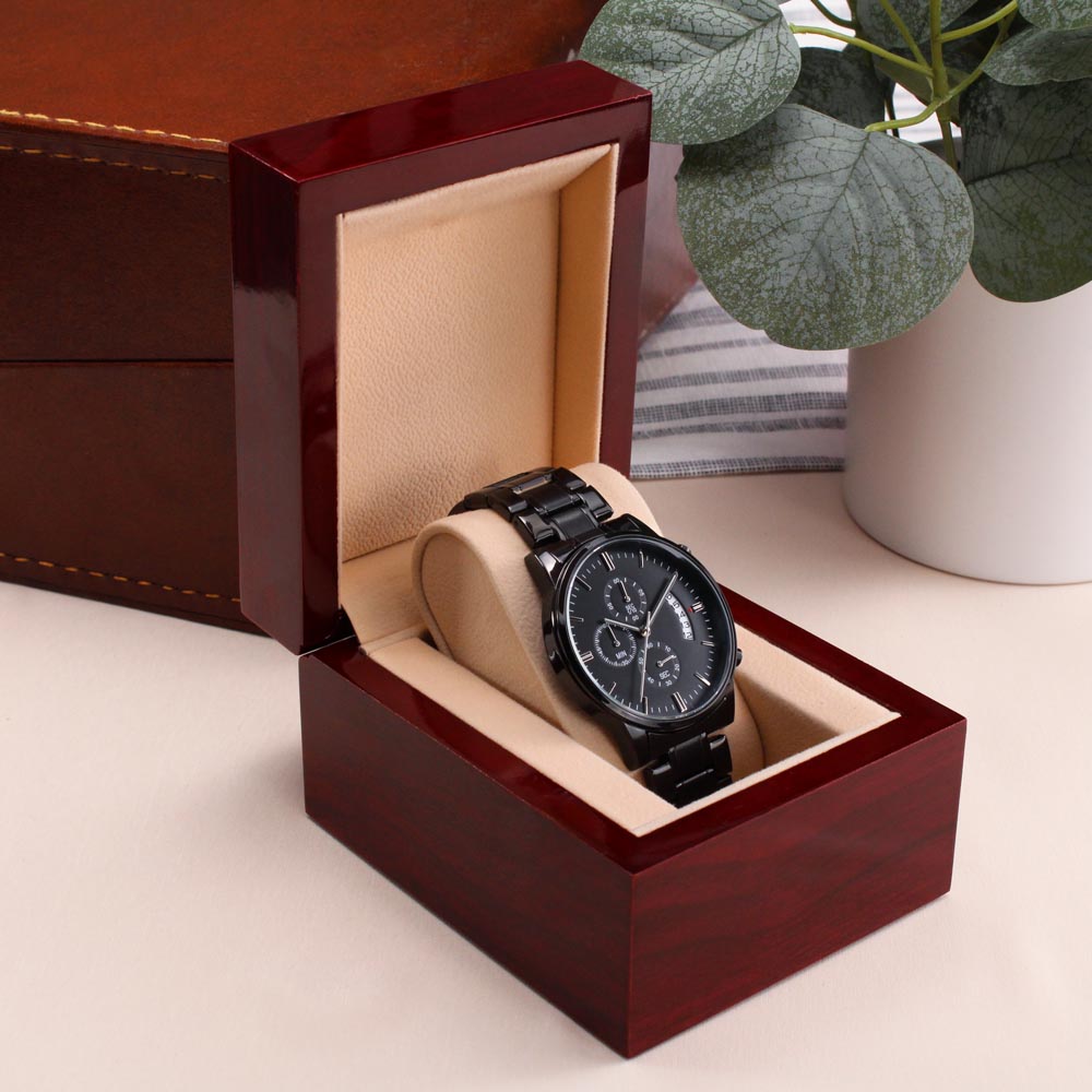Son Your Happiness, Engraved Design Black Chronograph Watch, Gift for Son from Dad, Christmas Gift Idea