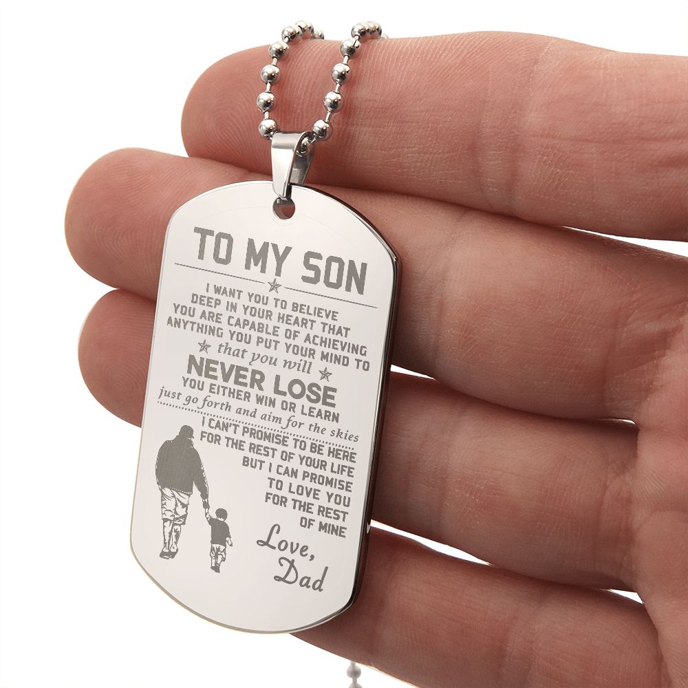 Son Win Or Learn, Engraved Dog Tag Necklace, Inspirational Gift For Son From Dad