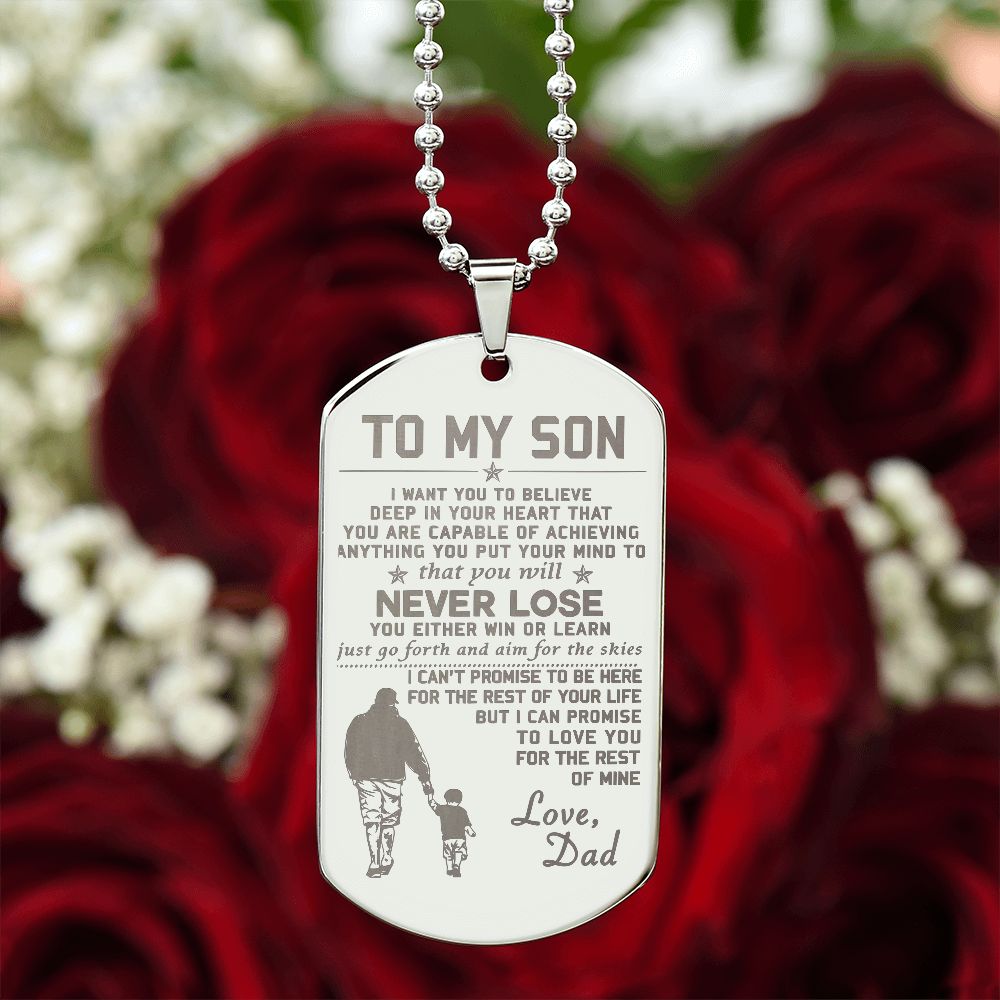 Son Win Or Learn, Engraved Dog Tag Necklace, Inspirational Gift For Son From Dad