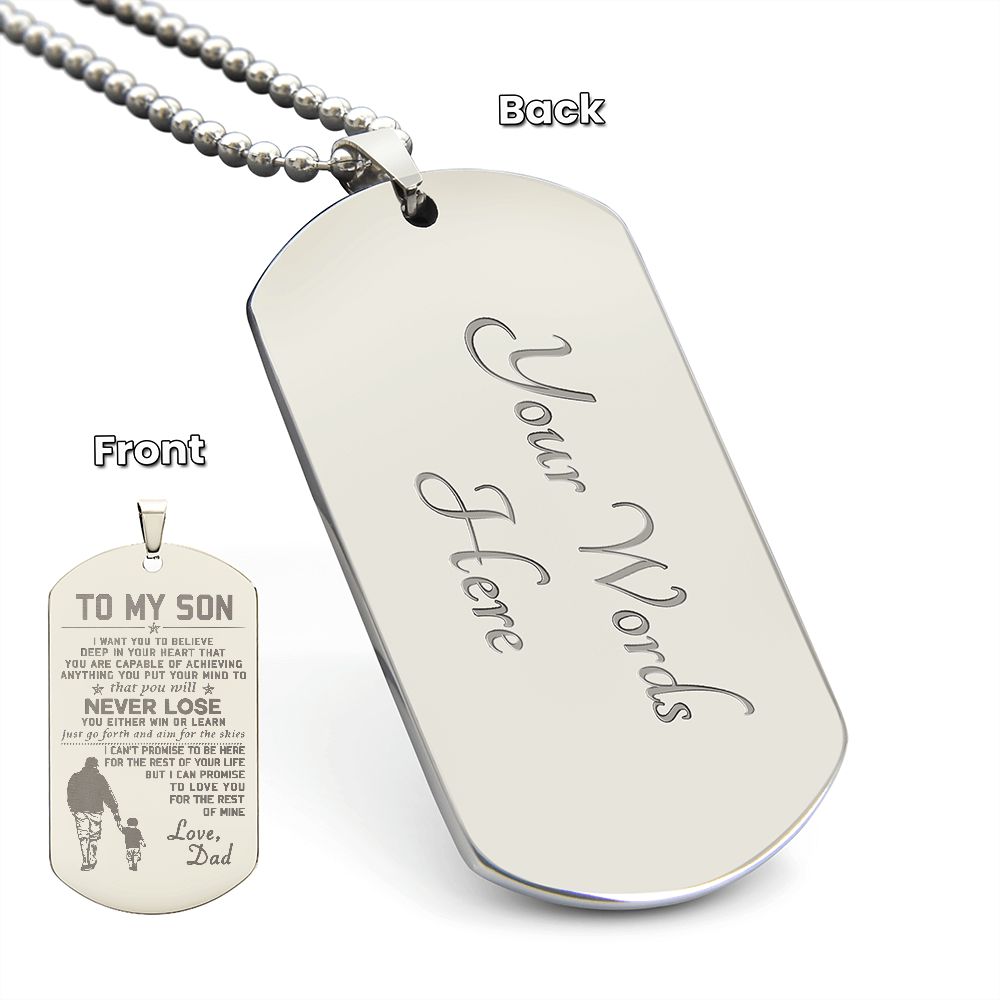 Son Win Or Learn, Engraved Dog Tag Necklace, Inspirational Gift For Son From Dad
