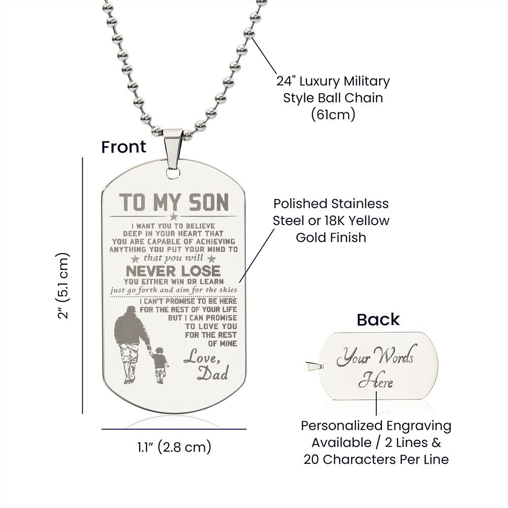 Son Win Or Learn, Engraved Dog Tag Necklace, Inspirational Gift For Son From Dad