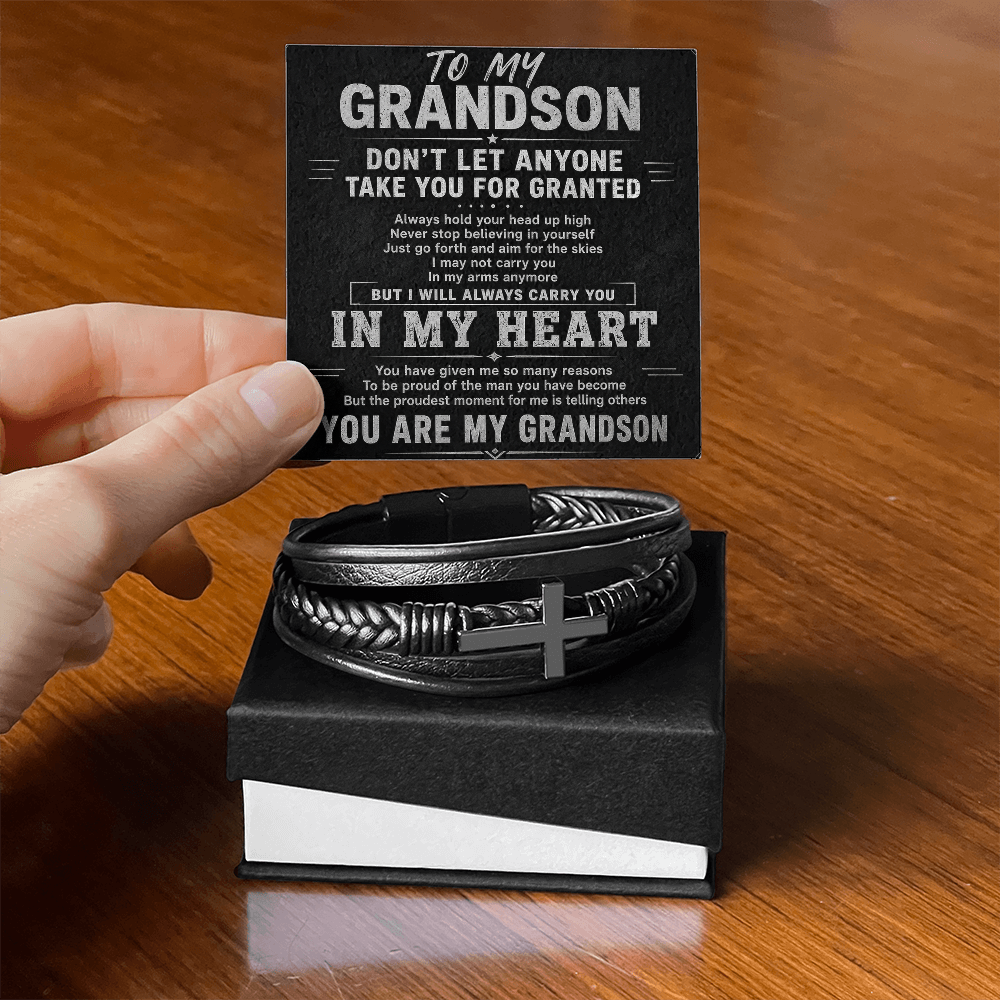 Proud Grandson Bracelet – Men's Leather Cross Gift for Grandson