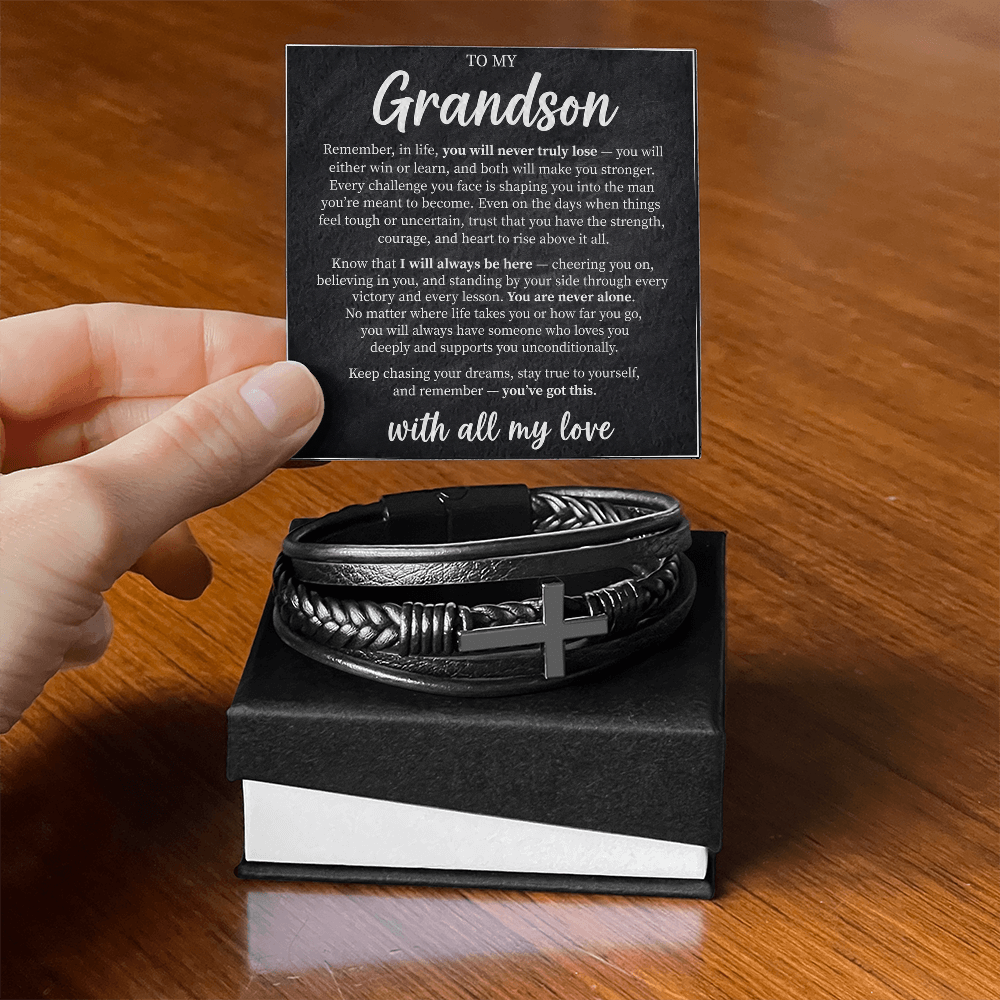 Grandson Encouragement Bracelet – Men's Leather Cross Gift for Grandson