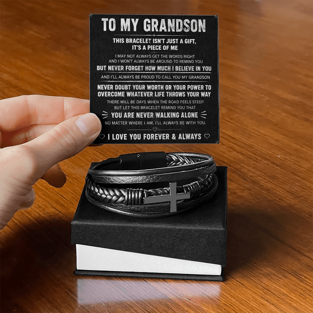 Grandson Love Bracelet – Men's Cross Leather Keepsake Gift for Grandson
