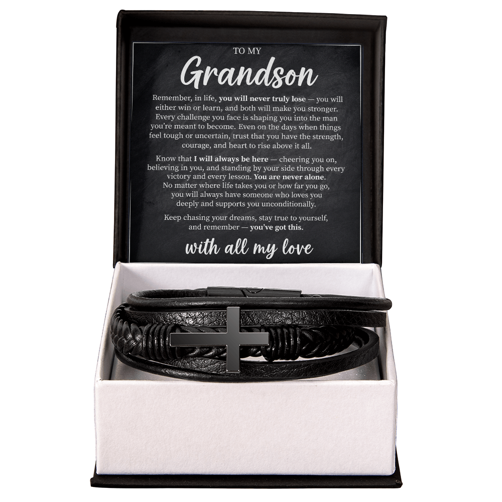 Grandson Encouragement Bracelet – Men's Leather Cross Gift for Grandson