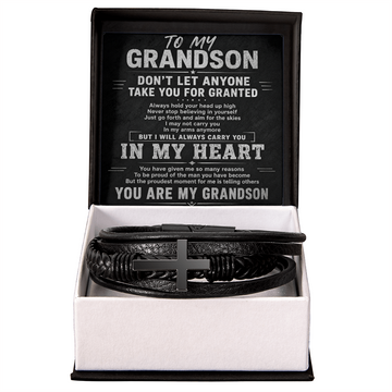 Proud Grandson Bracelet – Men's Leather Cross Gift for Grandson