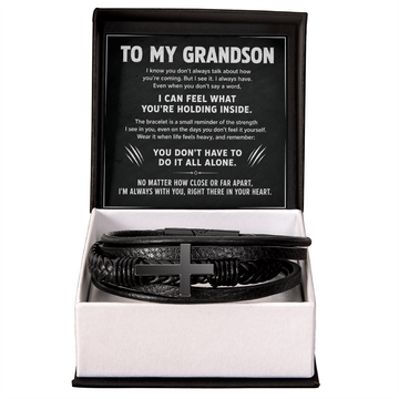 Grandson Strength Bracelet – Men's Cross Leather Gift for Grandson