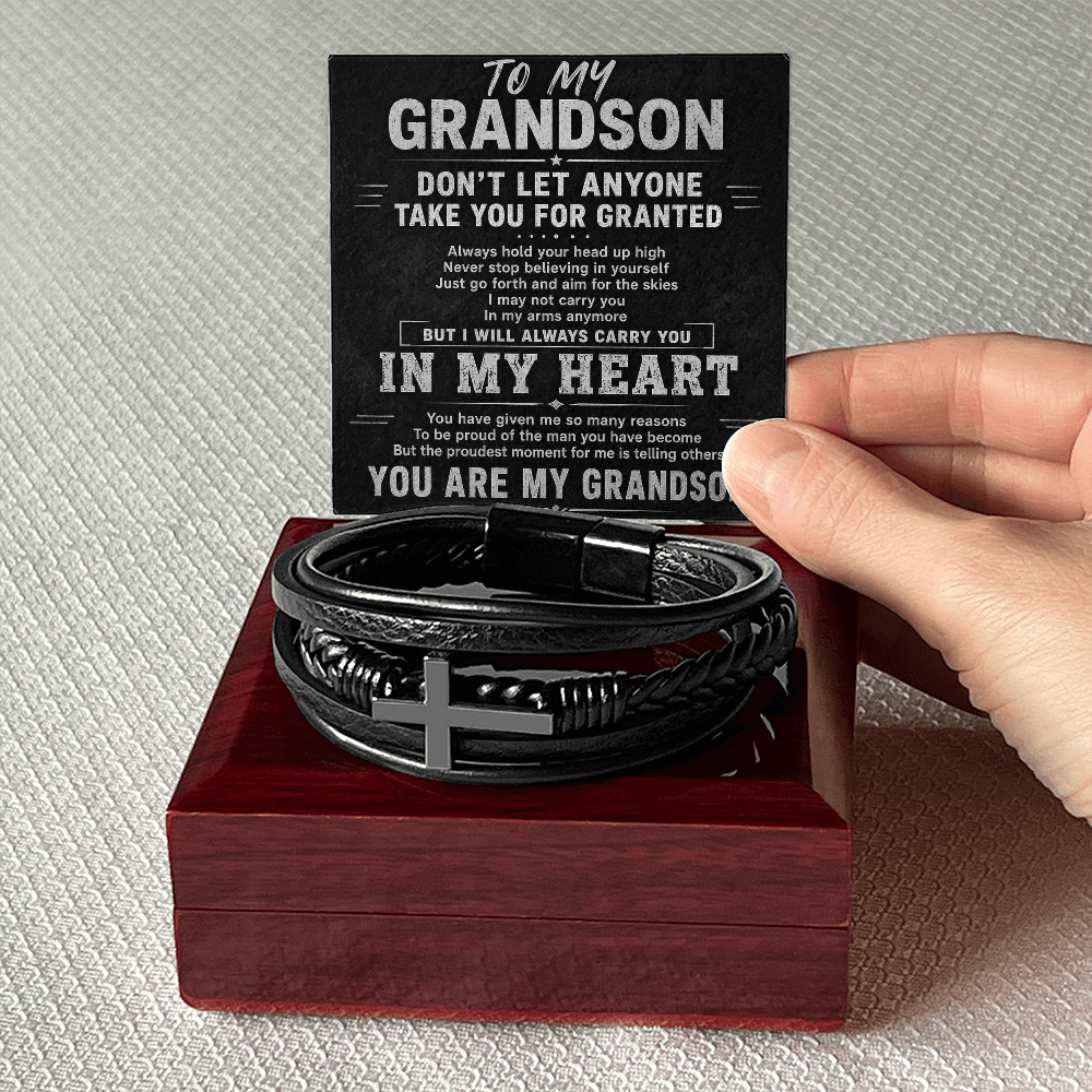 Proud Grandson Bracelet – Men's Leather Cross Gift for Grandson