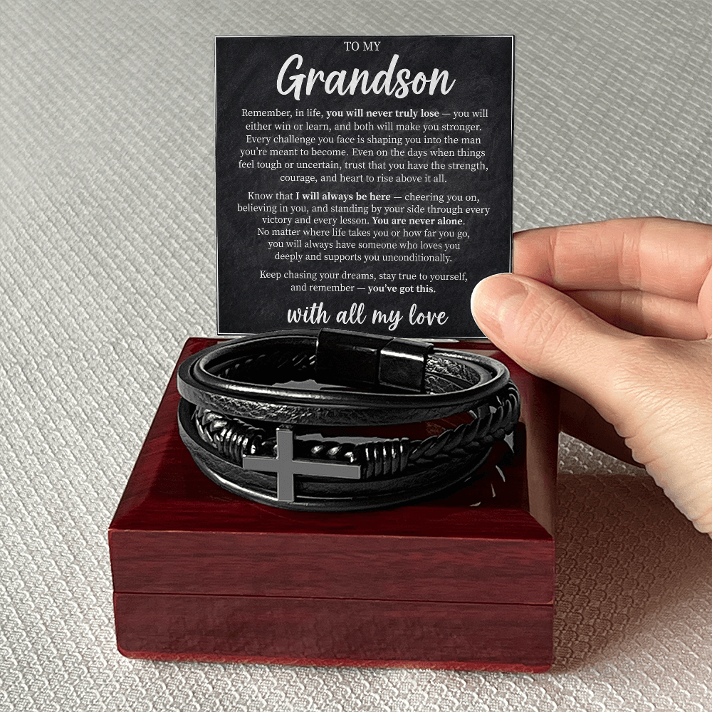 Grandson Encouragement Bracelet – Men's Leather Cross Gift for Grandson