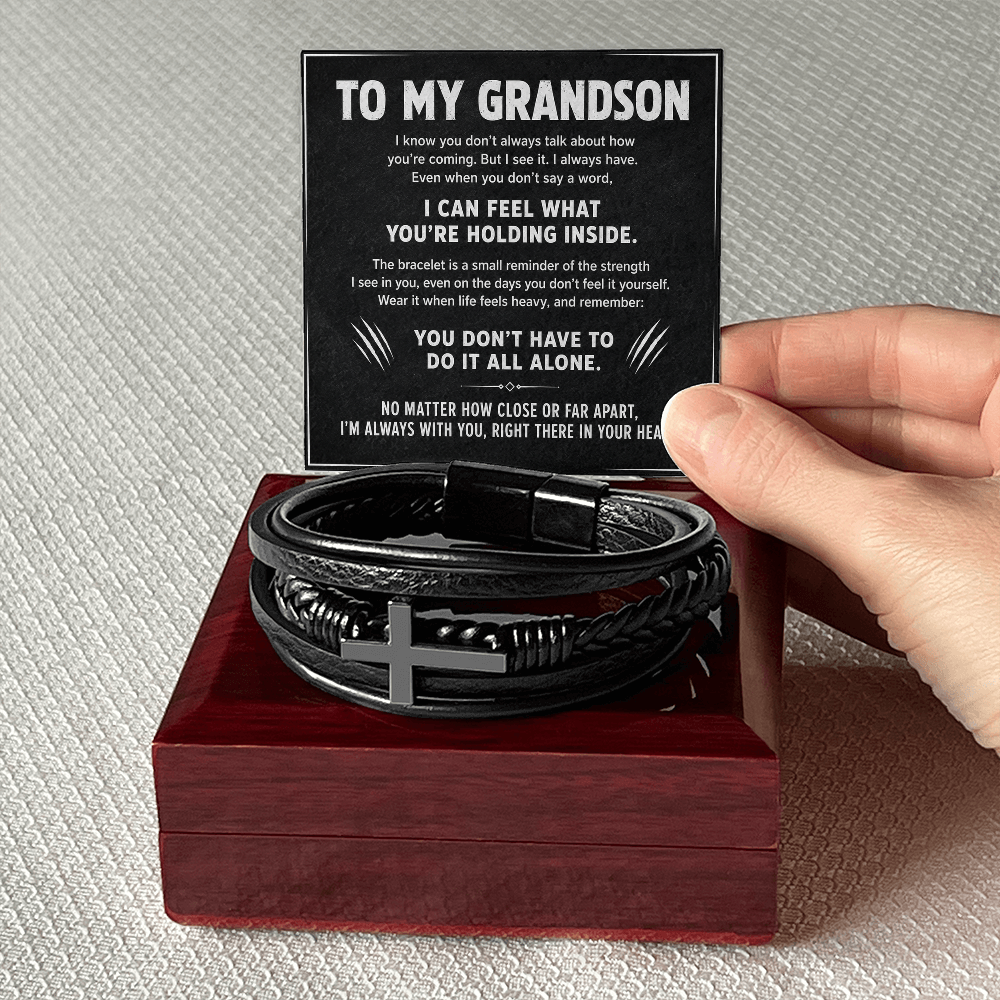 Grandson Strength Bracelet – Men's Cross Leather Gift for Grandson