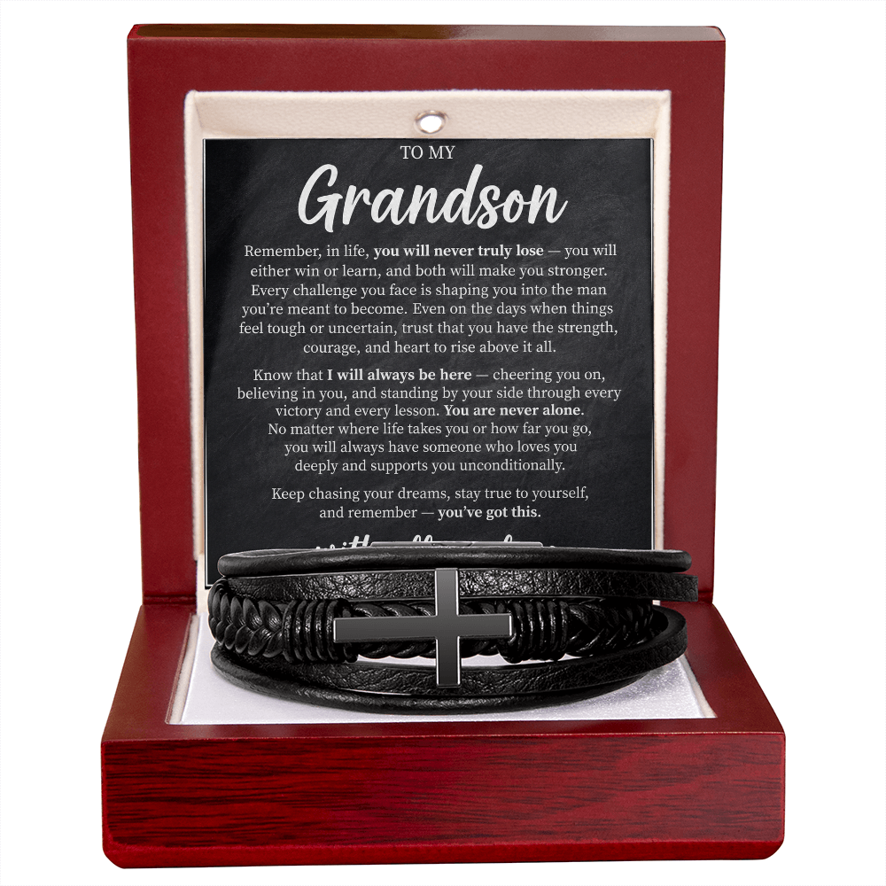 Grandson Encouragement Bracelet – Men's Leather Cross Gift for Grandson