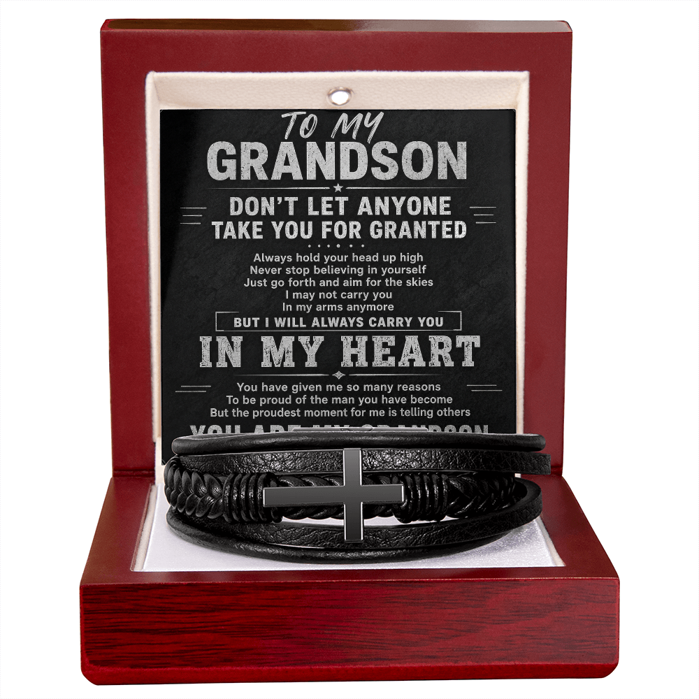 Proud Grandson Bracelet – Men's Leather Cross Gift for Grandson