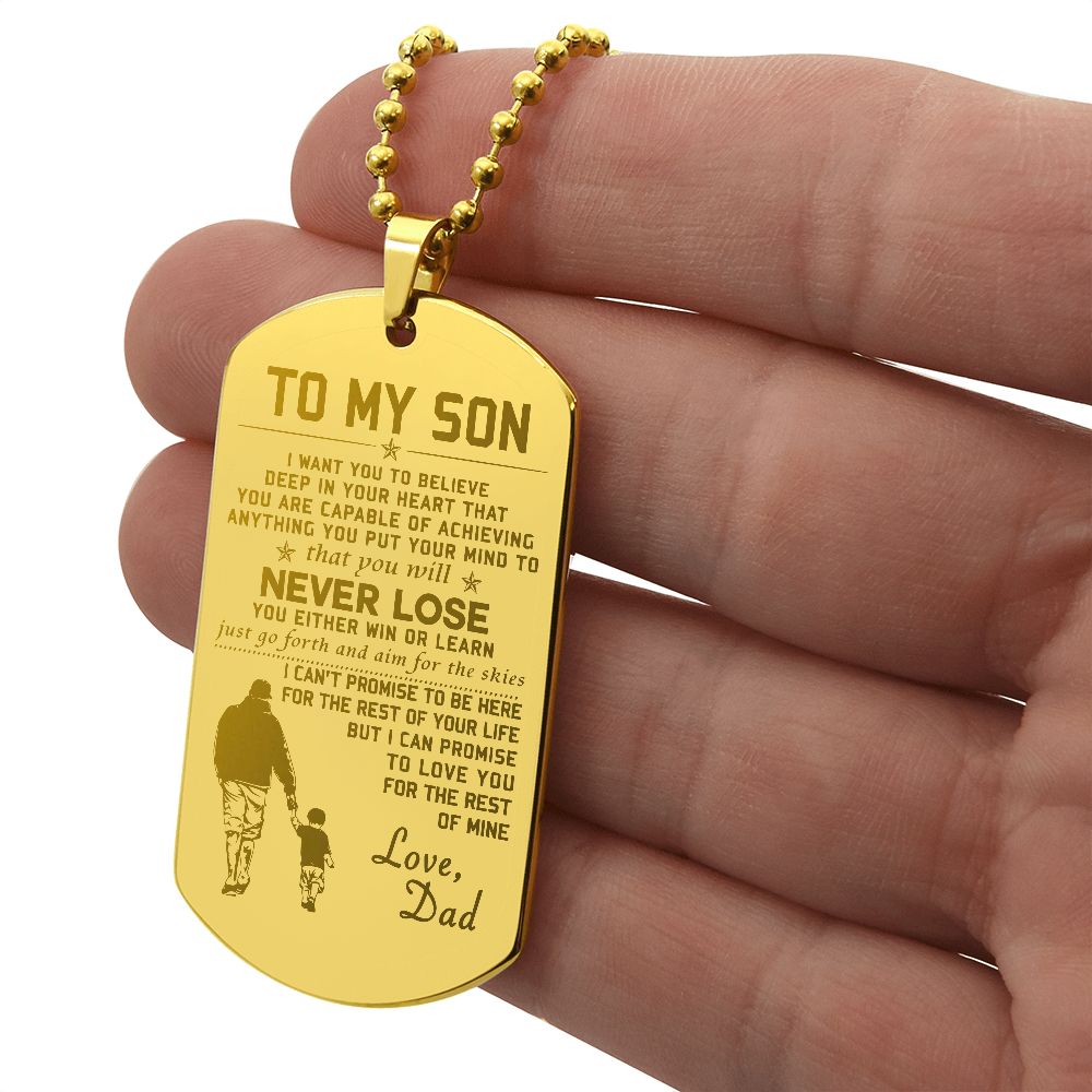 Son Win Or Learn, Engraved Dog Tag Necklace, Inspirational Gift For Son From Dad