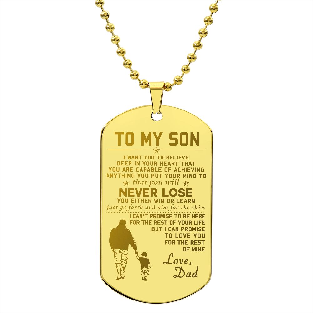 Son Win Or Learn, Engraved Dog Tag Necklace, Inspirational Gift For Son From Dad
