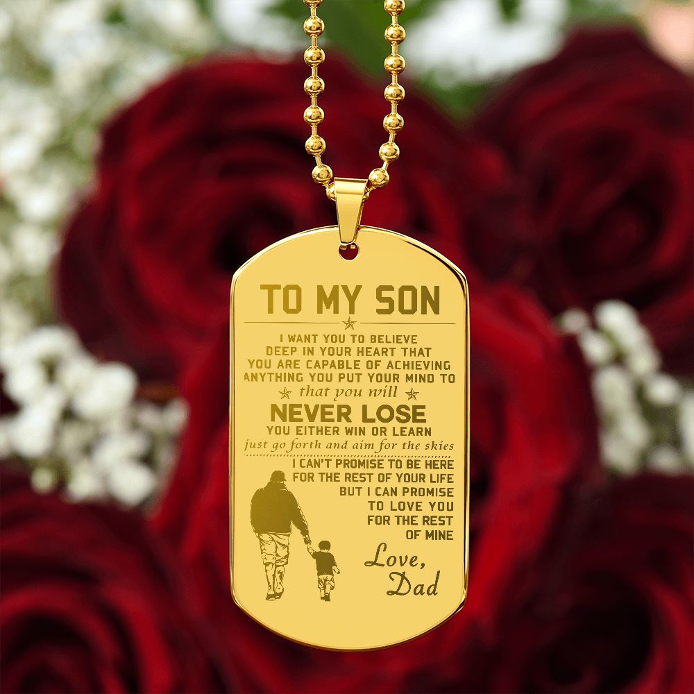 Son Win Or Learn, Engraved Dog Tag Necklace, Inspirational Gift For Son From Dad