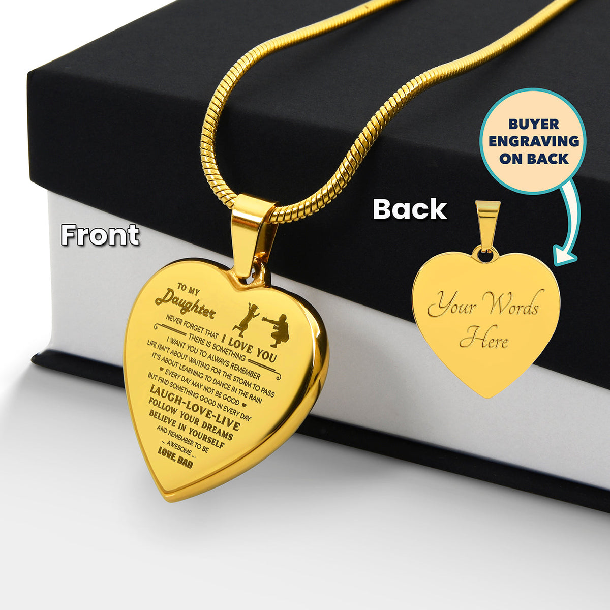 Daughter Dance In The Rain, Engraved Heart Necklace, Gift For Daughter From Dad
