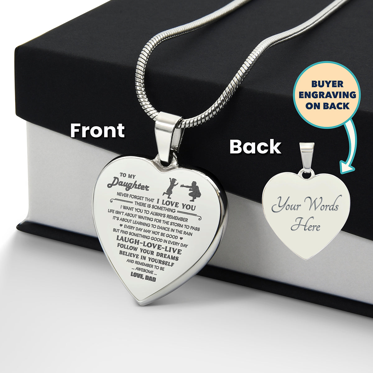 Daughter Dance In The Rain, Engraved Heart Necklace, Gift For Daughter From Dad