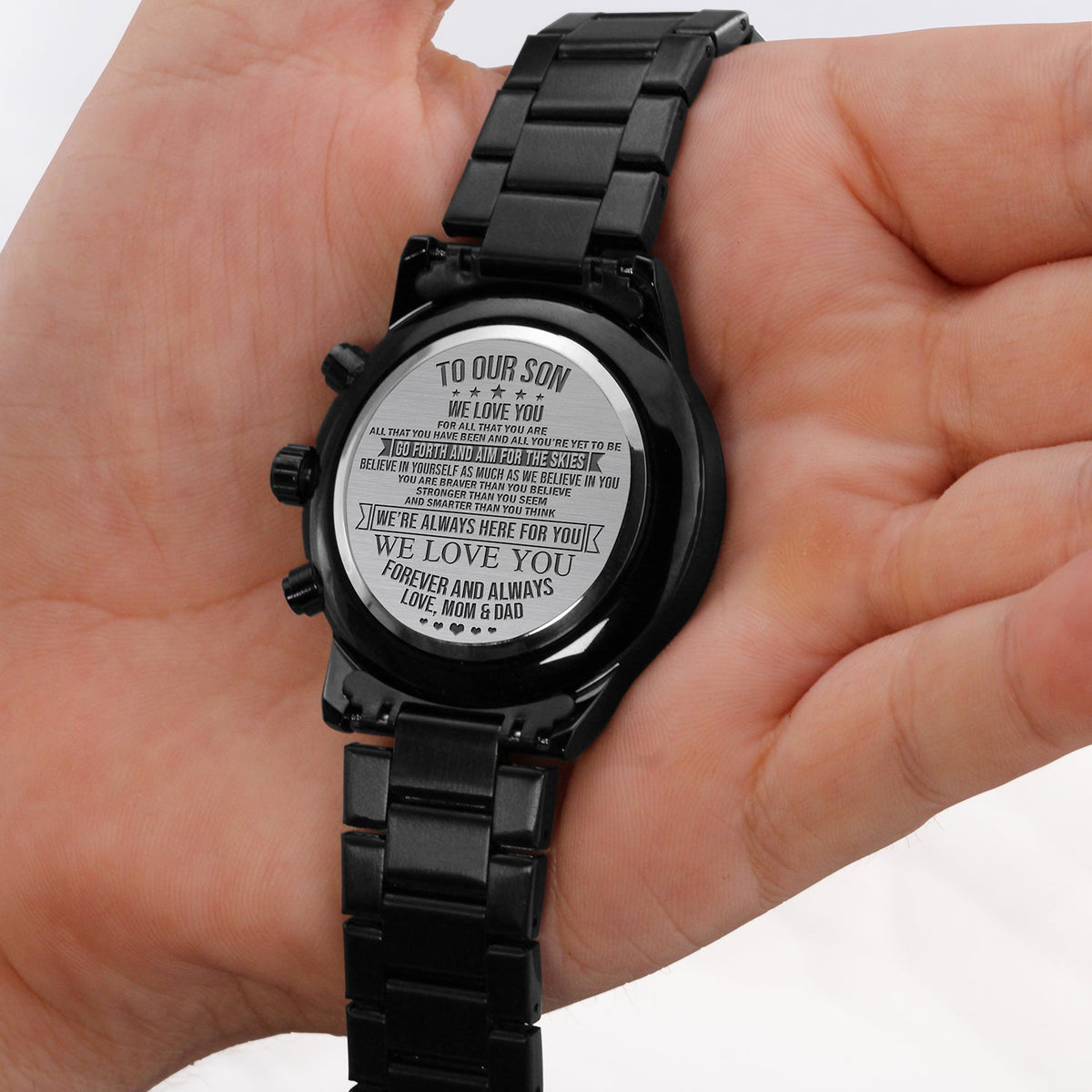 To Our Son We Love You, Engraved Black Chronograph Watch, Gift for Son from Mom & Dad
