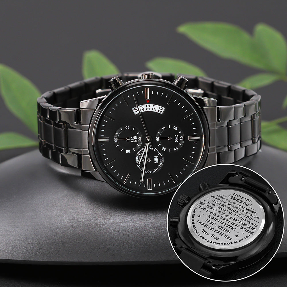 Son Your Happiness, Engraved Design Black Chronograph Watch, Gift for Son from Dad, Christmas Gift Idea